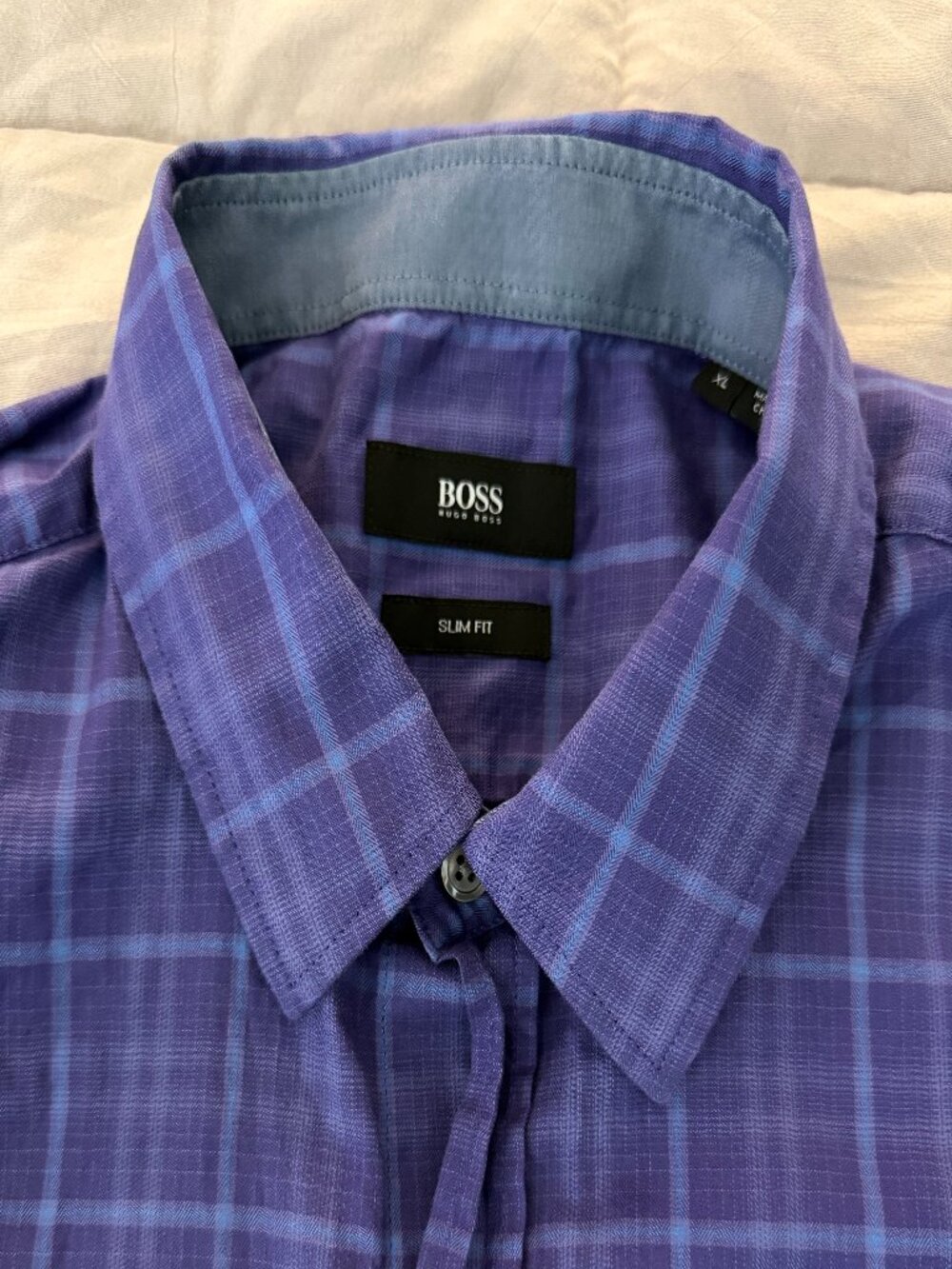 BOSS Hugo Boss Mens XL Slim Fit Purple Blue Plaid Long Sleeve Button Down Shirt